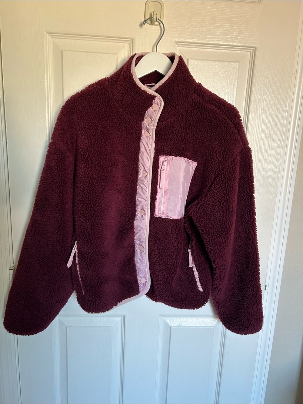 Fabletics Wine Sherpa Puffer Jacket with Pink Trim